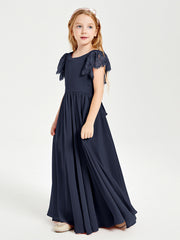 Chiffon Junior Bridesmaid Dresses with Lace Flutter Sleeves Dark Navy