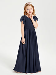 Chiffon Junior Bridesmaid Dresses with Lace Flutter Sleeves Dark Navy