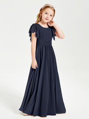 Chiffon Junior Bridesmaid Dresses with Lace Flutter Sleeves Dark Navy