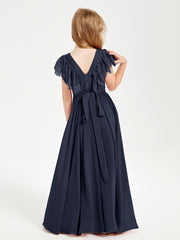Chiffon Junior Bridesmaid Dresses with Lace Flutter Sleeves Dark Navy