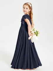 Chiffon Junior Bridesmaid Dresses with Lace Flutter Sleeves Dark Navy