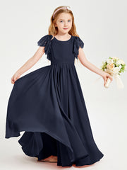 Chiffon Junior Bridesmaid Dresses with Lace Flutter Sleeves Dark Navy