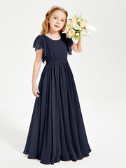 Chiffon Junior Bridesmaid Dresses with Lace Flutter Sleeves Dark Navy