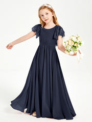Chiffon Junior Bridesmaid Dresses with Lace Flutter Sleeves Dark Navy