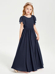 Chiffon Junior Bridesmaid Dresses with Lace Flutter Sleeves Dark Navy