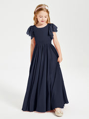 Chiffon Junior Bridesmaid Dresses with Lace Flutter Sleeves Dark Navy