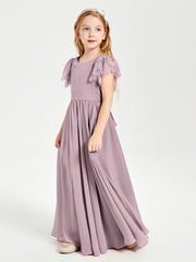 Chiffon Junior Bridesmaid Dresses with Lace Flutter Sleeves Dusk