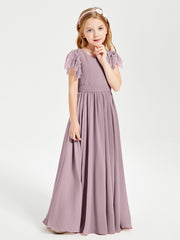 Chiffon Junior Bridesmaid Dresses with Lace Flutter Sleeves Dusk