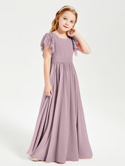 Chiffon Junior Bridesmaid Dresses with Lace Flutter Sleeves Dusk