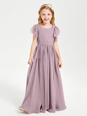 Chiffon Junior Bridesmaid Dresses with Lace Flutter Sleeves Dusk