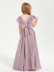 Chiffon Junior Bridesmaid Dresses with Lace Flutter Sleeves Dusk