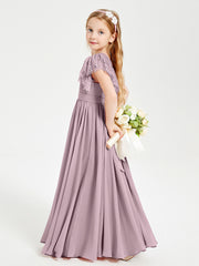 Chiffon Junior Bridesmaid Dresses with Lace Flutter Sleeves Dusk