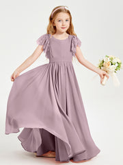 Chiffon Junior Bridesmaid Dresses with Lace Flutter Sleeves Dusk