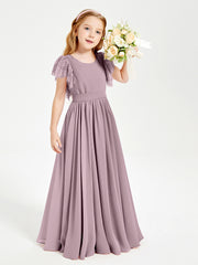 Chiffon Junior Bridesmaid Dresses with Lace Flutter Sleeves Dusk