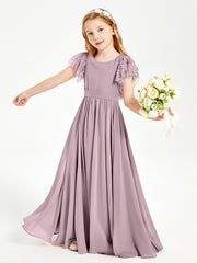 Chiffon Junior Bridesmaid Dresses with Lace Flutter Sleeves Dusk