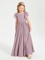 Chiffon Junior Bridesmaid Dresses with Lace Flutter Sleeves Dusk