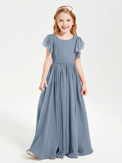 Chiffon Junior Bridesmaid Dresses with Lace Flutter Sleeves Dusty Blue