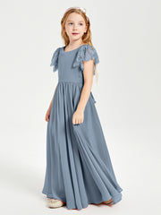 Chiffon Junior Bridesmaid Dresses with Lace Flutter Sleeves Dusty Blue