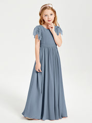 Chiffon Junior Bridesmaid Dresses with Lace Flutter Sleeves Dusty Blue