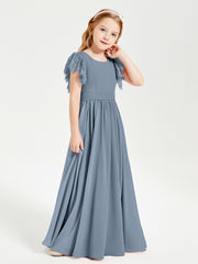 Chiffon Junior Bridesmaid Dresses with Lace Flutter Sleeves Dusty Blue