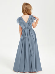 Chiffon Junior Bridesmaid Dresses with Lace Flutter Sleeves Dusty Blue
