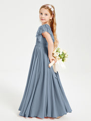 Chiffon Junior Bridesmaid Dresses with Lace Flutter Sleeves Dusty Blue
