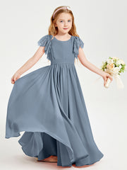 Chiffon Junior Bridesmaid Dresses with Lace Flutter Sleeves Dusty Blue