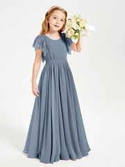 Chiffon Junior Bridesmaid Dresses with Lace Flutter Sleeves Dusty Blue