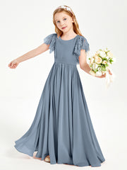 Chiffon Junior Bridesmaid Dresses with Lace Flutter Sleeves Dusty Blue