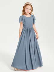 Chiffon Junior Bridesmaid Dresses with Lace Flutter Sleeves Dusty Blue