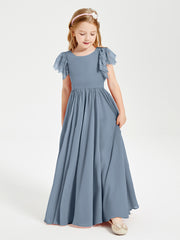 Chiffon Junior Bridesmaid Dresses with Lace Flutter Sleeves Dusty Blue
