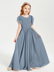 Chiffon Junior Bridesmaid Dresses with Lace Flutter Sleeves Dusty Blue