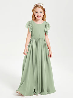 Chiffon Junior Bridesmaid Dresses with Lace Flutter Sleeves Dusty Sage