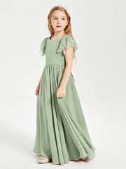 Chiffon Junior Bridesmaid Dresses with Lace Flutter Sleeves Dusty Sage