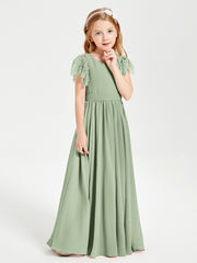 Chiffon Junior Bridesmaid Dresses with Lace Flutter Sleeves Dusty Sage