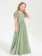 Chiffon Junior Bridesmaid Dresses with Lace Flutter Sleeves Dusty Sage