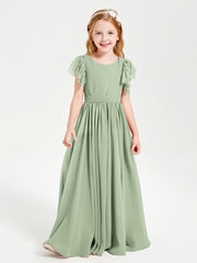 Chiffon Junior Bridesmaid Dresses with Lace Flutter Sleeves Dusty Sage