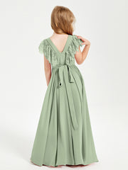 Chiffon Junior Bridesmaid Dresses with Lace Flutter Sleeves Dusty Sage