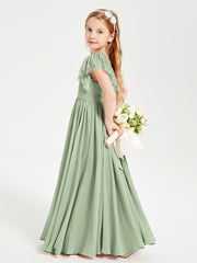 Chiffon Junior Bridesmaid Dresses with Lace Flutter Sleeves Dusty Sage