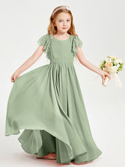Chiffon Junior Bridesmaid Dresses with Lace Flutter Sleeves Dusty Sage