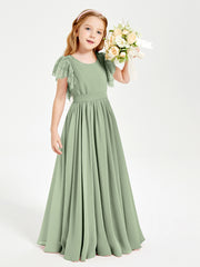 Chiffon Junior Bridesmaid Dresses with Lace Flutter Sleeves Dusty Sage