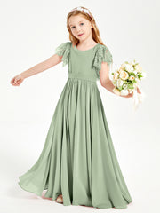 Chiffon Junior Bridesmaid Dresses with Lace Flutter Sleeves Dusty Sage