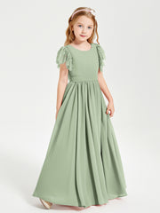 Chiffon Junior Bridesmaid Dresses with Lace Flutter Sleeves Dusty Sage