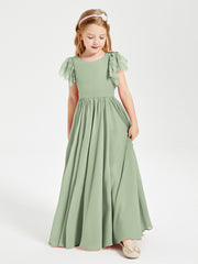Chiffon Junior Bridesmaid Dresses with Lace Flutter Sleeves Dusty Sage