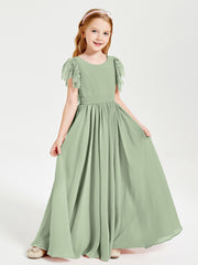 Chiffon Junior Bridesmaid Dresses with Lace Flutter Sleeves Dusty Sage