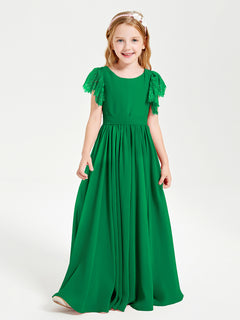 Chiffon Junior Bridesmaid Dresses with Lace Flutter Sleeves Emerald