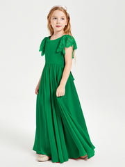 Chiffon Junior Bridesmaid Dresses with Lace Flutter Sleeves Emerald