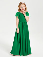 Chiffon Junior Bridesmaid Dresses with Lace Flutter Sleeves Emerald