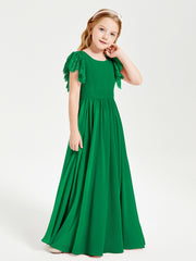 Chiffon Junior Bridesmaid Dresses with Lace Flutter Sleeves Emerald