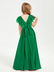 Chiffon Junior Bridesmaid Dresses with Lace Flutter Sleeves Emerald